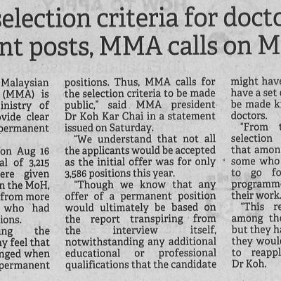 22.8.2022 Borneo Post Pg. 4 Provide Selection Criteria For Doctors Permanent Posts Mma Calls On Moh