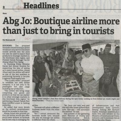 1 Mei 2023 Borneo Post Pg. 2 Abg Jo Boutique Airline More Than Just To Bring In Tourists