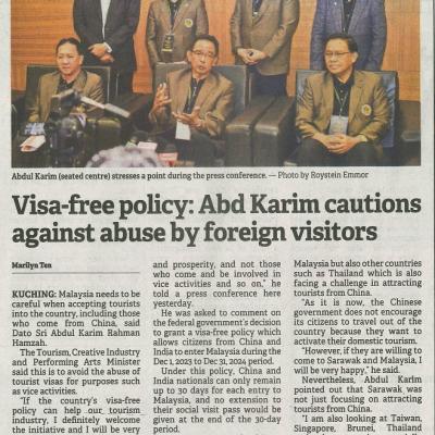 6 Disember 2023 Borneo Post Pg.1 Visa Free Policy Abd Karim Cautions Against Abuse By Foreign Visitors
