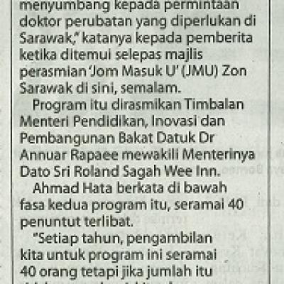 13 Mei 2024 Utusan Borneo Pg.1 Sarawak Dijangka Lahir 400 Diktor Melalui Program Perubatan Unimas