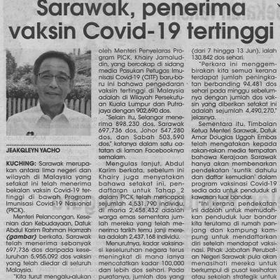 16.6.2021 Utusan Sarawak Pg.4 Sarawak Penerima Vaksin Covid 19 Tertinggi