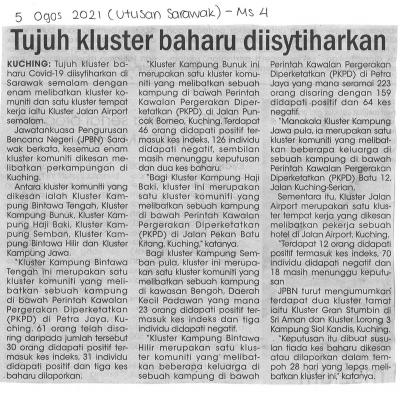 05.08.2021 Utusan Sarawak Pg.4 Tujuh Kluster Baharu Diisytiharkan