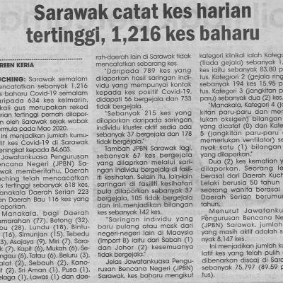 13.8.2021 Utusan Sarawak Pg.4 Sarawak Catat Kes Harian Tertinggi 1216 Kes Baharu