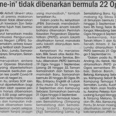 21.8.2021 Utusan Sarawak Pg.4 Dine In Tidak Dibenarkan Bermula 22 Ogos