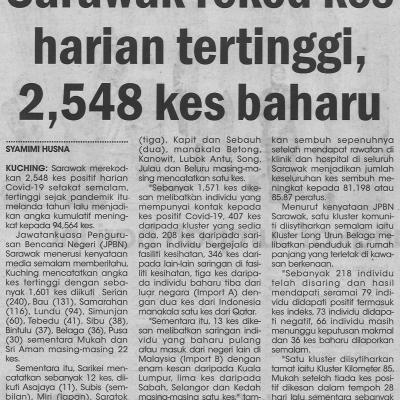 21.8.2021 Utusan Sarawak Pg.4 Sarawak Rekod Kes Harian Tertinggi 2548 Kes Baharu