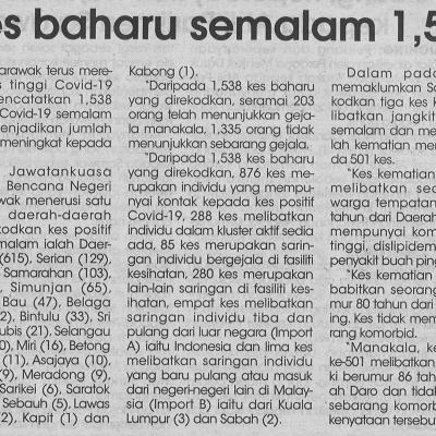 24.8.2021 Utusan Sarawak Pg.4 Kes Baharu Semalam 1538