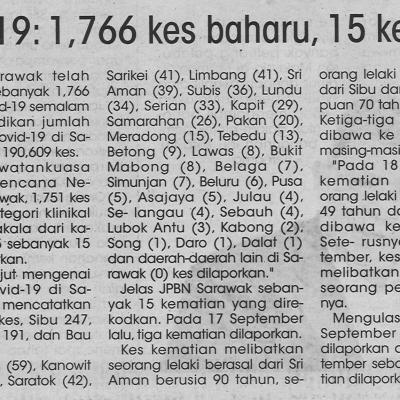 24.9.2021 Utusan Sarawak Pg.4 Covid 19 1766 Kes Baharu 15 Kematian