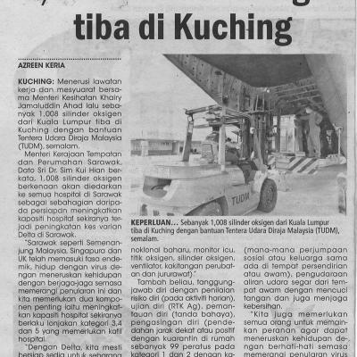 30.9.2021 Utusan Sarawak Pg.4 1008 Silinder Oksigen Tiba Di Kuching