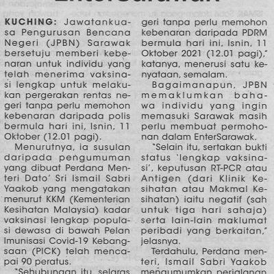 11.10.2021 Utusan Borneo Pg.4 Individu Masuk Sarawak Perlu Mohon Entersarawak
