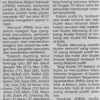 14.10.2021 Utusan Sarawak Pg.4 Sarawak Catat Kes 1165 Tiga Kluster Baharu