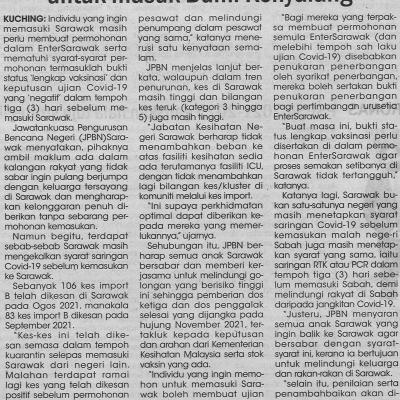 15.10.2021 Utusan Sarawak Pg.4 Mohon Entersarawak Untuk Masuk Bumi Kenyalang