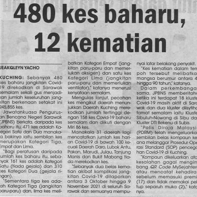 11.11.2021 Utusan Sarawak Pg.4 480 Kes Baharu 12 Kematian