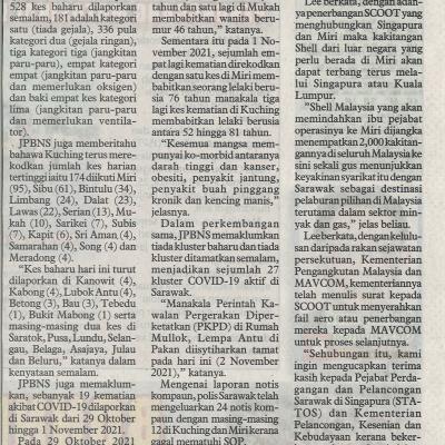 3.11.2021 Utusan Borneo Pg.2 Sarawak Rekodkan 528 Kes Baharu Covid 19 Semalam