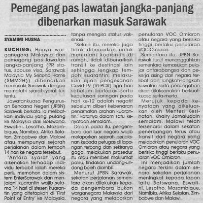 2.12.2021 Utusan Sarawak Pg.6 Pemegang Pas Lawatan Jangka Panjang Dibenarkan Masuk Sarawak