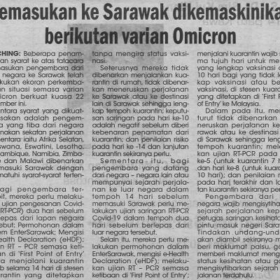 20.12.2021utusan Sarawak Pg.4 Kemasukan Ke Sarawak Dikemaskinikan Berikutan Varian Omicron