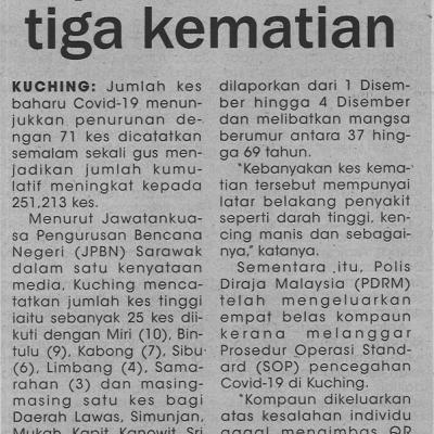 6.12.2021 Utusan Sarawak Pg.4 Penurunan Kepada 71 Kes Tiga Kematian