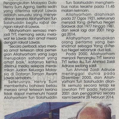 30.1.2022 Utusan Sarawak Pg.15 Penduduk Ratapi Pemergian Mantan Tyt