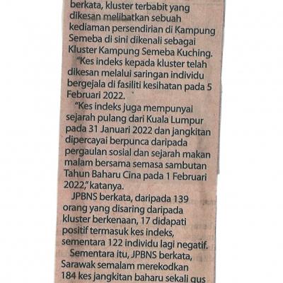 10.2.2022 Utusan Borneo Pg 1 Covid 19 Satu Kluster Komiuniti Dikesan 184 Kes Baharu Semalam