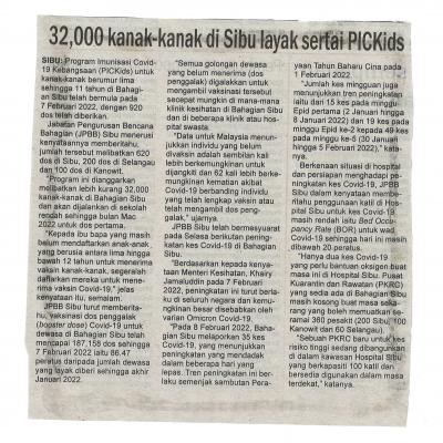 10.2.2022 Utusan Sarawak Pg 4 32000 Kanak Kanak Di Sibu Layak Sertai Pickids
