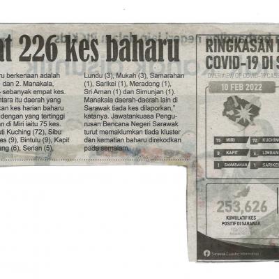 11.2.2022 Utusan Sarawak Pg 4 Sarawak Catat 226 Kes Baharu