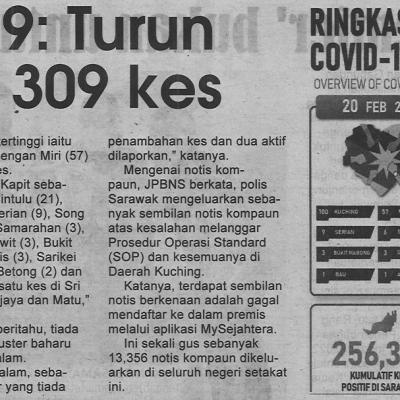 21.2.2022. Utusan Sarawak Pg.4 Covid 19 Turun Kepada 309 Kes