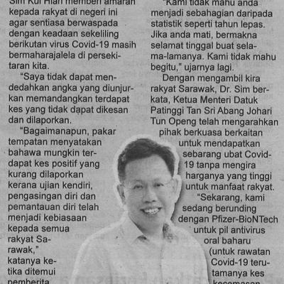 27.2.2022 Utusan Sarawak Pg.4 Kes Covid 19 Diunjurkan Meningkat Semula