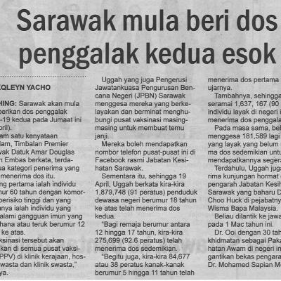 21.4.2022 Utusan Sarawak Pg.4 Sarawak Mula Beri Dos Penggalak Kedua Esok