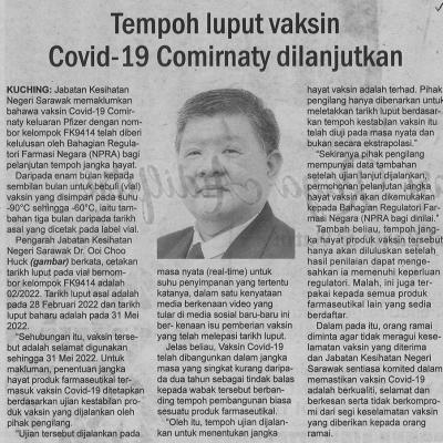 28.4.2022 Utusan Sarawak Pg.4 Tempoh Luput Vaksin Covid 19 Comirnaty Dilanjutkan