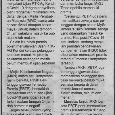 13.5.2022 Utusan Sarawak Pg.4 Pelanggan Pub Kelab Malam Perlu Jalani Ujian Rtk Ag