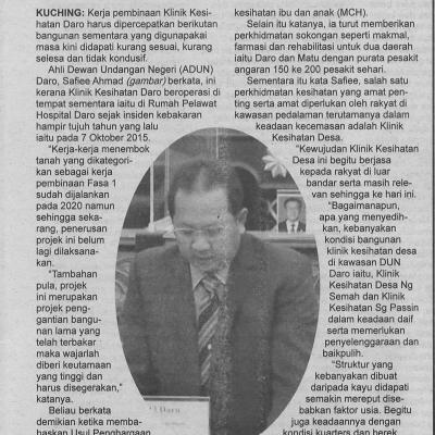 22.5.2022 Utusan Sarawak Pg 7 Pembinaan Klinik Kesihatan Daro Harus Dipercepatkan