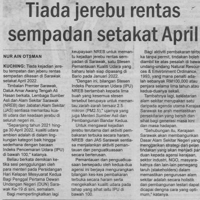 27.5.2022 Utusan Sarawak Pg 4 Tiada Jerebu Rentas Sempadan Setakat April