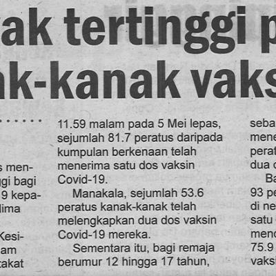7.5.2022 Utusan Sarawak Pg.4 Sarawak Tertinggi Peratus Kanak Kanak Vaksinasi