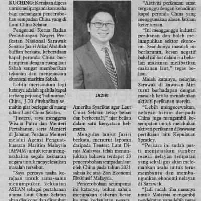 03.6.2022 Utusan Borneo Pg 8 Kerajaan Digesa Lipat Ganda Usaha Tangani Pencerobohan China Di Laut China Selatan