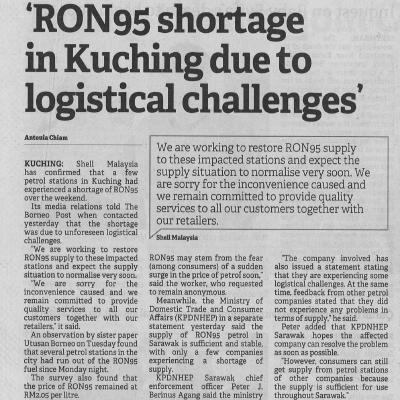 30.6.2022 Borneo Post Pg. 5 Ron95 Shortage In Kuching Due To Challenges