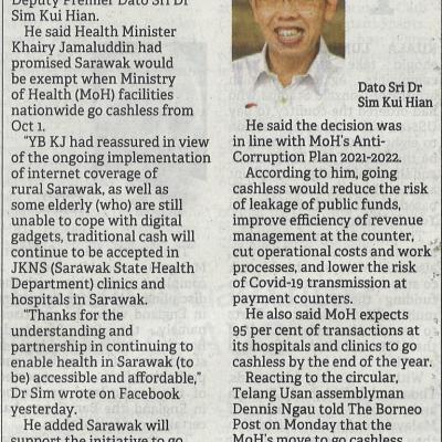 28.7.2022 Borneo Post Pg. 1 Govt Clinics Hospitals In Swak To Continue Accepting Cash Payments