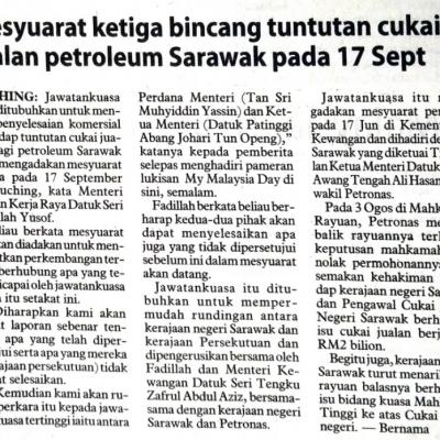 2. Mesyuarat Ketiga Bincang Tuntutan Cukai Jualan Petroleum Sarawak Pada 17 Sept Utusan Borneo Pg.3