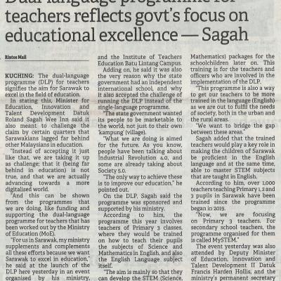10.8.2022 Borneo Post Pg. 1 Dual Language Programme For Teachers Reflects Govts Focus On Educational Excellence Sagah