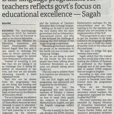 10.8.2022 Borneo Post Pg. 1 Dual Language Programme For Teachers Reflects Govts Focus On Educational Excellence Sagah