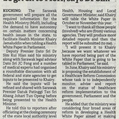 11.8.2022 Borneo Post Pg. 1 Health White Paper Inputs To Be Given To Moh Says Dr Sim