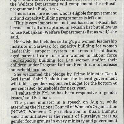 30.8.2022 Borneo Post Pg. 5 Fatimah Hopes No Eligible Aid Recipient Left Out In Budget 2023