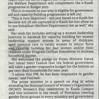 30.8.2022 Borneo Post Pg. 5 Fatimah Hopes No Eligible Aid Recipient Left Out In Budget 2023