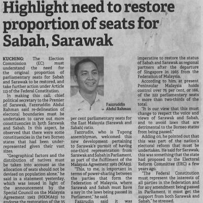 10.9.2022 Borneo Post Pg. 6 Highlight Need To Restore Proportion Of Seats For Sabah Sarawak