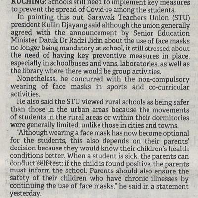 12.9.2022 Borneo Post Pg. 3 Teachers Union Highlights Need For Ongoing Measures To Curd Spread Of Covid 19 In Schools