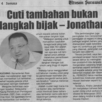 13.9.2022 Utusan Sarawak Pg. 4 Cuti Tambahan Bukan Langkah Bijak Jonathan