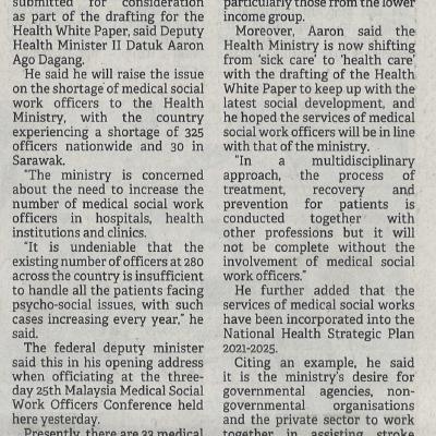 28.9.2022 Borneo Post Pg. 1 Proposal To Medical Social Work Officers To Be Submitted