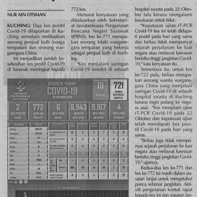 24.10.2020 Utusan Sarawak Pg. 4 Sarawak Rekod Dua Kes Positif Covid 19