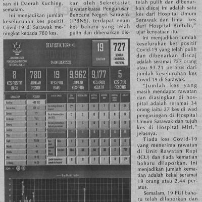 25.10.2020 Utusan Sarawak Pg. 4 Lapan Kes Positif Covid 19 Dikesan