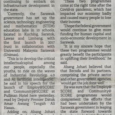 1.10.2022 Borneo Post Pg. 2 Investment In Sarawaks Human Capital To Continue Assures Premier