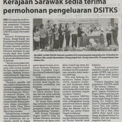 3.10.2022 Utusan Borneo Pg. 2 Kerajaan Sarawak Sedia Terima Permohonan Pengeluaran Dsitks