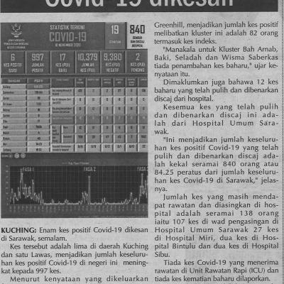 11.11.2020 Utusan Sarawak Pg.4 Enam Kes Positif Covid 19 Dikesan